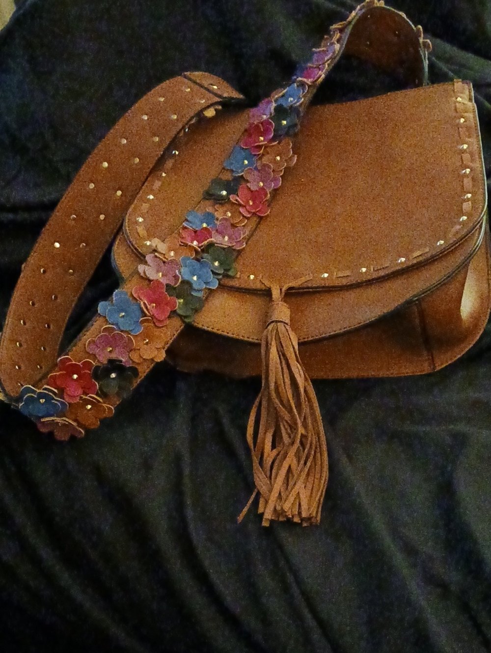 Steve Madden Brown Suede Crossbody with Floral Embellished Strap